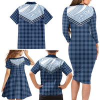 Aloha Hawaii Cowboys Paniolo Family Matching Long Sleeve Bodycon Dress and Hawaiian Shirt Navy Blue Palaka LT7 - Polynesian Pride