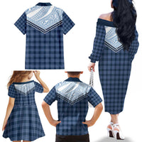 Aloha Hawaii Cowboys Paniolo Family Matching Off The Shoulder Long Sleeve Dress and Hawaiian Shirt Navy Blue Palaka - Polynesian Pride