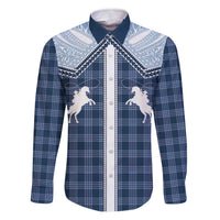 Aloha Hawaii Cowboys Paniolo Family Matching Off The Shoulder Long Sleeve Dress and Hawaiian Shirt Navy Blue Palaka - Polynesian Pride