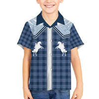 Aloha Hawaii Cowboys Paniolo Family Matching Off The Shoulder Long Sleeve Dress and Hawaiian Shirt Navy Blue Palaka - Polynesian Pride