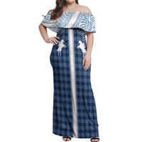 Aloha Hawaii Cowboys Paniolo Off Shoulder Maxi Dress Navy Blue Palaka LT7 Women Navy - Polynesian Pride