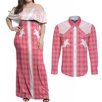 Aloha Hawaii Cowboys Paniolo Couples Matching Off Shoulder Maxi Dress and Long Sleeve Button Shirt Rose Palaka LT7 Pink - Polynesian Pride