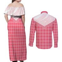 Aloha Hawaii Cowboys Paniolo Couples Matching Off Shoulder Maxi Dress and Long Sleeve Button Shirt Rose Palaka LT7 - Polynesian Pride