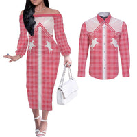 Aloha Hawaii Cowboys Paniolo Couples Matching Off The Shoulder Long Sleeve Dress and Long Sleeve Button Shirt Rose Palaka LT7 Pink - Polynesian Pride
