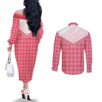 Aloha Hawaii Cowboys Paniolo Couples Matching Off The Shoulder Long Sleeve Dress and Long Sleeve Button Shirt Rose Palaka LT7 - Polynesian Pride