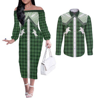 Aloha Hawaii Cowboys Paniolo Couples Matching Off The Shoulder Long Sleeve Dress and Long Sleeve Button Shirt Forest Green Palaka LT7 Dark Green - Polynesian Pride