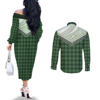 Aloha Hawaii Cowboys Paniolo Couples Matching Off The Shoulder Long Sleeve Dress and Long Sleeve Button Shirt Forest Green Palaka LT7 - Polynesian Pride