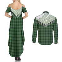 Aloha Hawaii Cowboys Paniolo Couples Matching Summer Maxi Dress and Long Sleeve Button Shirt Forest Green Palaka - Polynesian Pride