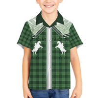 Aloha Hawaii Cowboys Paniolo Family Matching Off The Shoulder Long Sleeve Dress and Hawaiian Shirt Forest Green Palaka - Polynesian Pride