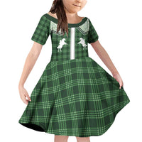 Aloha Hawaii Cowboys Paniolo Family Matching Off Shoulder Short Dress and Hawaiian Shirt Forest Green Palaka LT7 Daughter's Dress Dark Green - Polynesian Pride