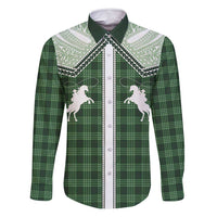 Aloha Hawaii Cowboys Paniolo Family Matching Off Shoulder Short Dress and Hawaiian Shirt Forest Green Palaka LT7 Dad's Shirt - Long Sleeve Dark Green - Polynesian Pride