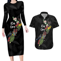 Kia Ora New Zealand Floral Personalized Couples Matching Long Sleeve Bodycon Dress and Hawaiian Shirt Black - Polynesian Pride