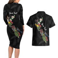 Kia Ora New Zealand Floral Personalized Couples Matching Long Sleeve Bodycon Dress and Hawaiian Shirt Black - Polynesian Pride