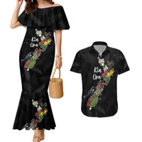 Kia Ora New Zealand Floral Personalized Couples Matching Mermaid Dress and Hawaiian Shirt Black LT7 Black - Polynesian Pride
