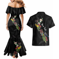 Kia Ora New Zealand Floral Personalized Couples Matching Mermaid Dress and Hawaiian Shirt Black LT7 - Polynesian Pride