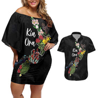 Kia Ora New Zealand Floral Personalized Couples Matching Off Shoulder Short Dress and Hawaiian Shirt Black - Polynesian Pride