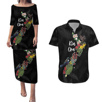 Kia Ora New Zealand Floral Personalized Couples Matching Puletasi and Hawaiian Shirt Black LT7 Black - Polynesian Pride