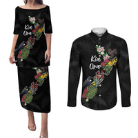Kia Ora New Zealand Floral Personalized Couples Matching Puletasi and Long Sleeve Button Shirt Black LT7 Black - Polynesian Pride
