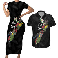 Kia Ora New Zealand Floral Personalized Couples Matching Short Sleeve Bodycon Dress and Hawaiian Shirt Black LT7 Black - Polynesian Pride