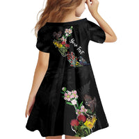 Kia Ora New Zealand Floral Personalized Family Matching Long Sleeve Bodycon Dress and Hawaiian Shirt Black - Polynesian Pride