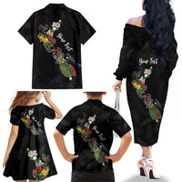 Kia Ora New Zealand Floral Personalized Family Matching Off The Shoulder Long Sleeve Dress and Hawaiian Shirt Black - Polynesian Pride