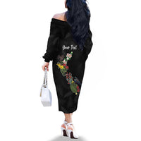 Kia Ora New Zealand Floral Personalized Family Matching Off The Shoulder Long Sleeve Dress and Hawaiian Shirt Black - Polynesian Pride