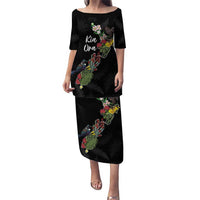Kia Ora New Zealand Floral Personalized Family Matching Puletasi and Hawaiian Shirt Black - Polynesian Pride