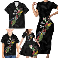 Kia Ora New Zealand Floral Personalized Family Matching Short Sleeve Bodycon Dress and Hawaiian Shirt Black - Polynesian Pride