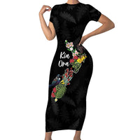 Kia Ora New Zealand Floral Personalized Family Matching Short Sleeve Bodycon Dress and Hawaiian Shirt Black - Polynesian Pride