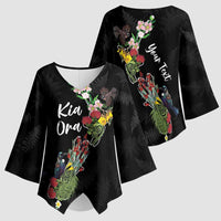 Kia Ora New Zealand Floral Personalized Kimono Sleeve Blouse Black - Polynesian Pride