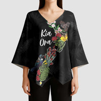 Kia Ora New Zealand Floral Personalized Kimono Sleeve Blouse Black - Polynesian Pride