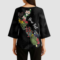 Kia Ora New Zealand Floral Personalized Kimono Sleeve Blouse Black - Polynesian Pride