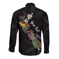 Kia Ora New Zealand Floral Personalized Long Sleeve Button Shirt Black - Polynesian Pride
