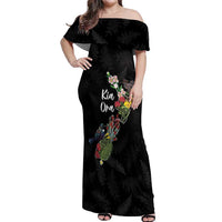 Kia Ora New Zealand Floral Personalized Off Shoulder Maxi Dress Black - Polynesian Pride