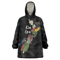 Kia Ora New Zealand Floral Personalized Wearable Blanket Hoodie Black - Polynesian Pride