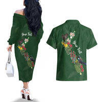 Kia Ora New Zealand Floral Personalized Couples Matching Off The Shoulder Long Sleeve Dress and Hawaiian Shirt Sage Green LT7 - Polynesian Pride
