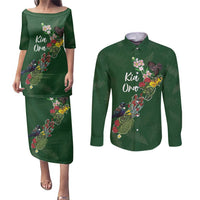 Kia Ora New Zealand Floral Personalized Couples Matching Puletasi and Long Sleeve Button Shirt Sage Green - Polynesian Pride