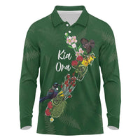 Kia Ora New Zealand Floral Personalized Long Sleeve Polo Shirt Sage Green - Polynesian Pride