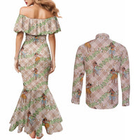 Beige Palaka Hula Girls Seamless Hawaii Aloha Couples Matching Mermaid Dress and Long Sleeve Button Shirt - Polynesian Pride