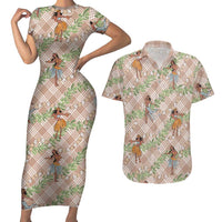 Beige Palaka Hula Girls Seamless Hawaii Aloha Couples Matching Short Sleeve Bodycon Dress and Hawaiian Shirt - Polynesian Pride