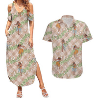 Beige Palaka Hula Girls Seamless Hawaii Aloha Couples Matching Summer Maxi Dress and Hawaiian Shirt - Polynesian Pride