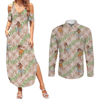 Beige Palaka Hula Girls Seamless Hawaii Aloha Couples Matching Summer Maxi Dress and Long Sleeve Button Shirt - Polynesian Pride