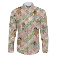 Beige Palaka Hula Girls Seamless Hawaii Aloha Family Matching Long Sleeve Bodycon Dress and Hawaiian Shirt - Polynesian Pride