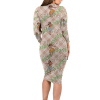 Beige Palaka Hula Girls Seamless Hawaii Aloha Family Matching Long Sleeve Bodycon Dress and Hawaiian Shirt - Polynesian Pride