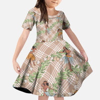 Beige Palaka Hula Girls Seamless Hawaii Aloha Family Matching Off Shoulder Short Dress and Hawaiian Shirt - Polynesian Pride