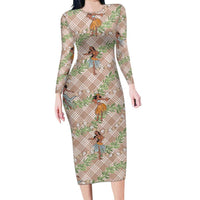 Beige Palaka Hula Girls Seamless Hawaii Aloha Long Sleeve Bodycon Dress - Polynesian Pride