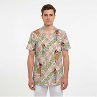 Beige Palaka Hula Girls Seamless Hawaii Aloha Scrub Top - Polynesian Pride