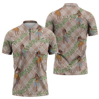 Beige Palaka Hula Girls Seamless Hawaii Aloha Zipper Polo Shirt - Polynesian Pride