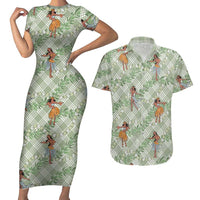 Mint Palaka Hula Girls Seamless Hawaii Aloha Couples Matching Short Sleeve Bodycon Dress and Hawaiian Shirt - Polynesian Pride