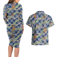 Navy Blue Palaka Hula Girls Seamless Hawaii Aloha Couples Matching Long Sleeve Bodycon Dress and Hawaiian Shirt - Polynesian Pride